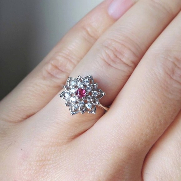 Blossoming Lotus Flower Natural Ruby White Zircons Sterling Silver Ring Sz 6.75 - Picture 4 of 8